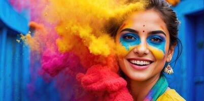 ai gerado lindo mulher desfrutando a hindu festival Holi, Índia foto