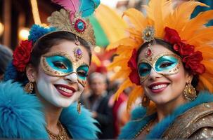 ai gerado lindo fêmea vestindo veneziano carnaval mascarar e traje foto