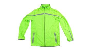 jaqueta esporte isolada, jaqueta verde para correr ou andar de bicicleta em um fundo branco - refletores na jaqueta foto