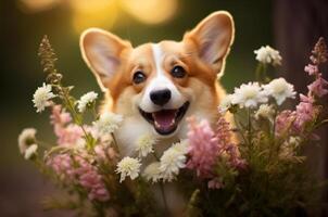 ai gerado corgi dentro flores mãe dia cartão foto