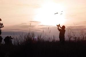 silhueta de mulheres posando e mostrando a mão em forma de pássaro no céu ao entardecer, conceito como pensamento, liberdade, vida livre, análise sobre negócios e sucesso em trabalhar ao pôr do sol
