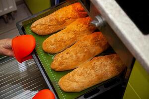 caseiro pão em uma cozimento Folha é ocupado Fora do a forno. grandes pão, baguete às casa dentro a cozinha. padaria produtos. cozinhar às lar. foto