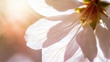 ai gerado uma fechar acima do uma branco flor com Sol raios foto