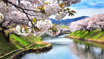 ai gerado cereja flores em uma ramo sobre uma rio foto