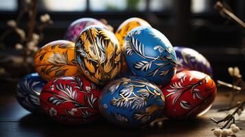 ai gerado colorida pintado Páscoa ovos com tradicional intrincado padrões de madeira mesa. decorado com ornamental ovos. foto