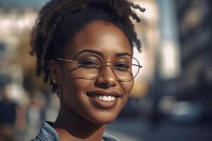 ai gerado feliz africano americano mulher com óculos ao ar livre retrato. gerar ai foto