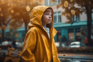 ai gerado sorridente menina caminhando dentro amarelo capa de chuva. gerar ai foto