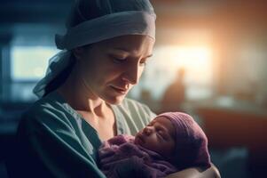 ai gerado enfermeira segurando recém-nascido bebê. gerar ai foto