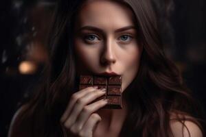 ai gerado mulher comendo chocolate. gerar ai foto