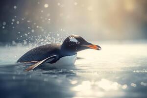 ai gerado pinguim deslizante antártico frio água. gerar ai foto
