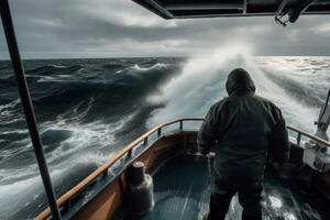 ai gerado pescador navio tempestade. gerar ai foto