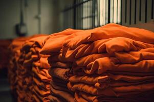 ai gerado laranja roupão prisioneiros amontoar roupas. gerar ai foto