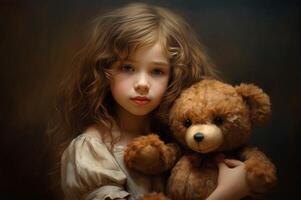 ai gerado inocente pequeno menina abraçando dela Urso brinquedo. gerar ai foto