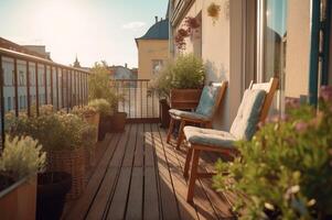 ai gerado sacada terraço com cadeiras e natural decoração dentro a manhã iluminado pelo sol. gerar ai foto