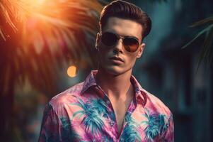 ai gerado moda masculino modelo com oculos de sol vestindo colorida camisa. gerar ai foto