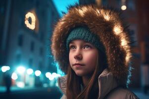 ai gerado siberian menina com pele Jaqueta capuz. gerar ai foto