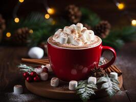 ai gerado chocolate quente cacau dentro caneca com marshmallows. Natal inverno decorações. acolhedor inverno atmosfera foto