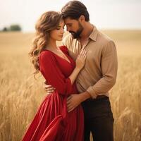 ai gerado romântico casal em pé dentro uma campo do trigo. jovem casal dentro amor abraçando em a campo dentro luz solar foto