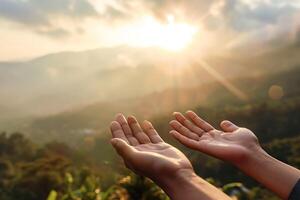 ai gerado harmonia às nascer do sol. do homem mãos alcance Fora para a Sol foto