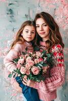 ai gerado mãe e filha abraço com flores foto