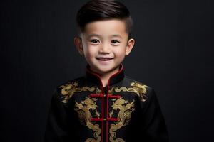 ai gerado uma jovem chinês Garoto vestindo chinês tradicional vestir com generativo ai foto