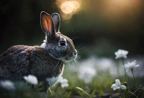 ai gerado uma fechar-se do uma Coelho dentro uma campo com uma flores foto