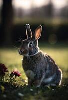 ai gerado uma fechar-se do uma Coelho dentro uma campo com uma flores foto