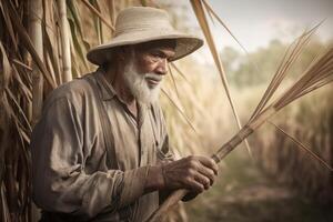 ai gerado Senior agricultor colheita cana de açúcar. gerar ai foto