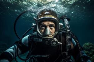 ai gerado intrépido retrato masculino mergulho mergulhador debaixo a água. gerar ai foto