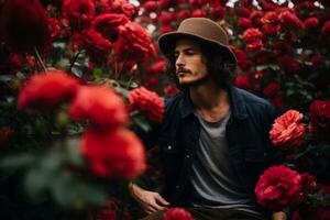 ai gerado radiante homem posando dentro rosa Vila jardim. gerar ai foto