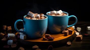 ai gerado dois copos do quente chocolate, cacau ou caloroso beber com marshmallows. neural rede ai gerado foto
