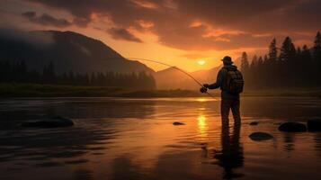 ai gerado pescador perto a rio às pôr do sol. neural rede ai gerado foto