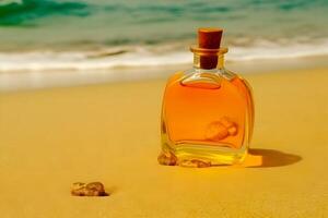 ai gerado uma garrafa do perfume em a Beira Mar é envelope dentro uma aceno. amarelo areia em a praia, marinho cosméticos e fragrância. neural rede ai gerado foto