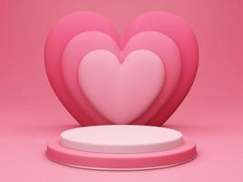 dia dos namorados, pódio redondo 3D ou pedestal com sala de estúdio vazia vermelha, plano de fundo do produto com sobreposição de coração atrás
