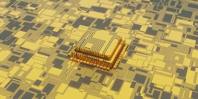 Ilustração 3D do fundo do microchip de tecnologia, perspectiva da placa de circuito de superfície digital foto