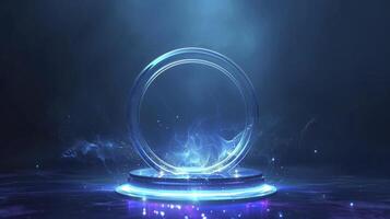 ai gerado Magia fantasia portal. Magia círculo teleporte pódio com holograma efeito. abstrato Alto tecnologia futurista tecnologia Projeto. volta forma. círculo sci fi elemento luz e luzes. foto