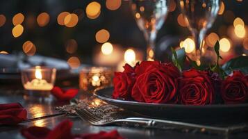 ai gerado romântico mesa configuração para vermelho rosas e luz de velas para dia dos namorados jantar. foto