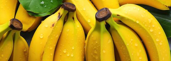 ai gerado fechar-se Visão do fresco amarelo bananas com vibrante folhas, uma tropical deleite - ideal para fruta fundos e natural Comida temas foto