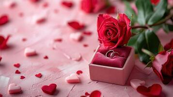 ai gerado elegante dia dos namorados dia fundo, vermelho rosas e diamante anel em pastel Rosa para romântico Casamento convites e amor celebrações foto