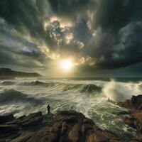 ai gerado mulher em pé em costa do tempestade mar foto