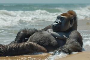 ai gerado gorila relaxante em tropical de praia foto