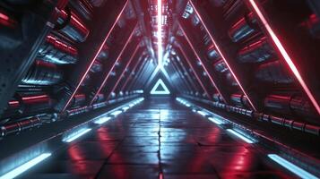 ai gerado abstrato triângulo nave espacial corredor. futurista túnel com claro. futuro interior fundo, negócios, ficção científica Ciência conceito. 3d Renderização foto