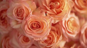 ai gerado uma fechar-se foto revelador a delicado pétalas e intrincado beleza do uma rosa padronizar dentro suave pêssego tons