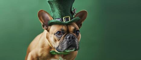 ai gerado francês buldogue vestindo Leprechauns traje em uma verde fundo, estúdio tiro foto