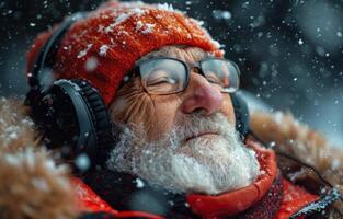 ai gerado a velho homem vestindo fones de ouvido. uma homem empacotado acima dentro uma vermelho Jaqueta e vestindo fones de ouvido carrinhos dentro a neve, abraçando a inverno cenário Como ele escuta para música. foto