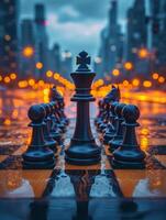 ai gerado xadrez borda em tapete contendo xadrez peças. a imagem do uma xadrez borda exibindo uma Preto rei, destacando a estratégico natureza do a jogo. foto