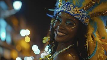 ai gerado brasileiro carnaval traje vestindo garota. foto