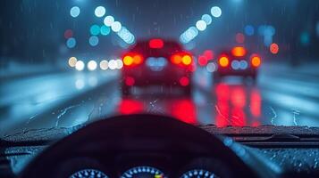 ai gerado carro dirigindo baixa encharcado de chuva rua às noite foto