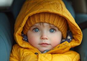 ai gerado criança pequena dentro dirigindo assento com brilhante amarelo capuz. uma jovem criança vestido dentro uma amarelo Jaqueta e chapéu carrinhos fora, agarrando uma brinquedo. foto