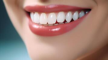 ai gerado fechar-se do lindo fêmea sorrir com saudável dentes. odontologia conceito. foto